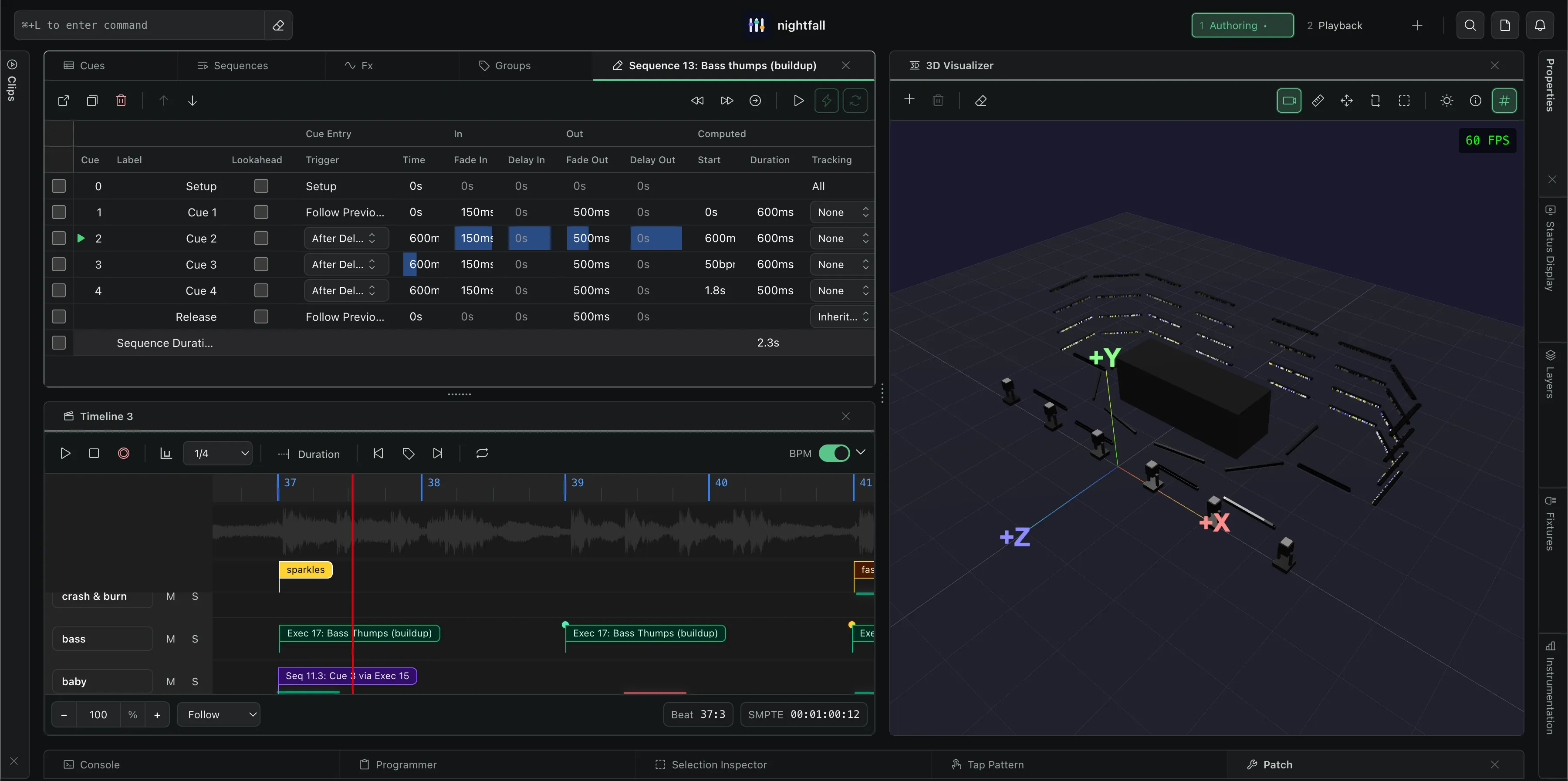 Nightfall cue sequence and timeline beside the 3D visualizer