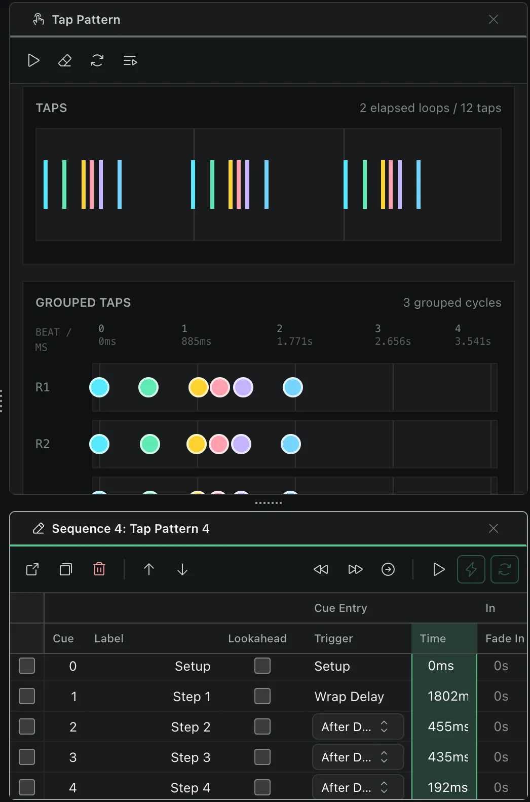 Nightfall tap pattern editor and cue sequence