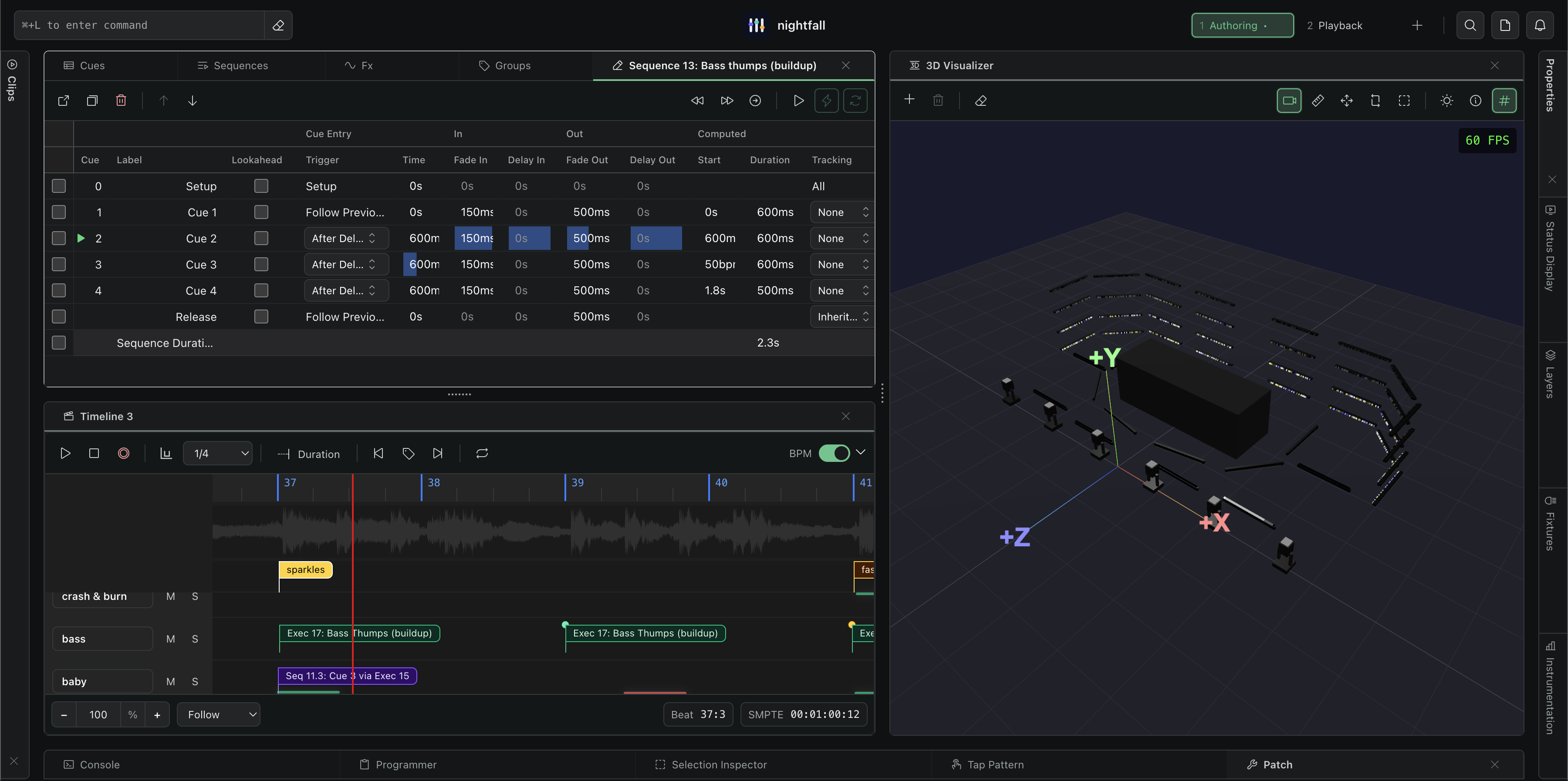 Nightfall interface showing a cue sequence, timeline, and 3D stage visualizer